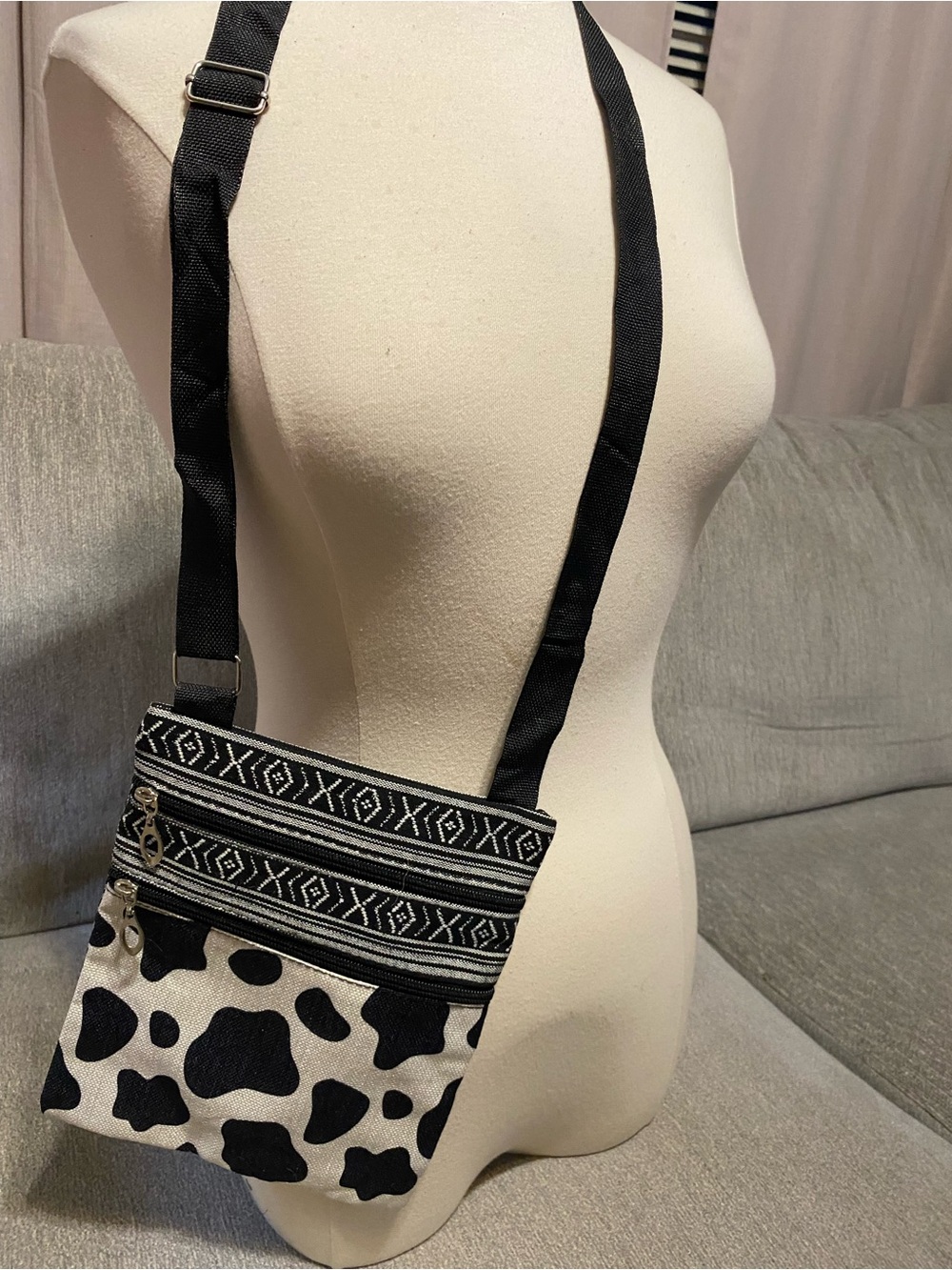 Black & White Patterned Crossbody Bag with Adjustable Strap